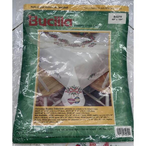 Vintage Bucilla Cross Stitch Christmas Baubles 60” x 104” Completed Tablecloth - Picture 8 of 11